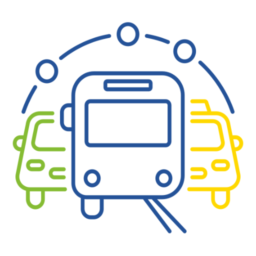 Das PriMa+ÖV Logo. Ikonographische Darstellung eines Autos, Busses, Zuges und Taxis.